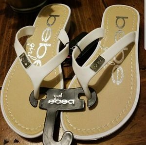 Bebe White Thong Sandal with Metal Logo